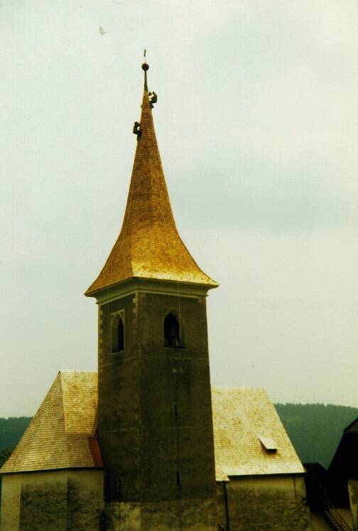 Dacheindeckung, Feistritz, Feistritz 49, Grades, Hlg. Martin, Kirche, Kirche St. Martin, Kirchturm, Kirchturmdach, Metnitz, Pfarrkirche